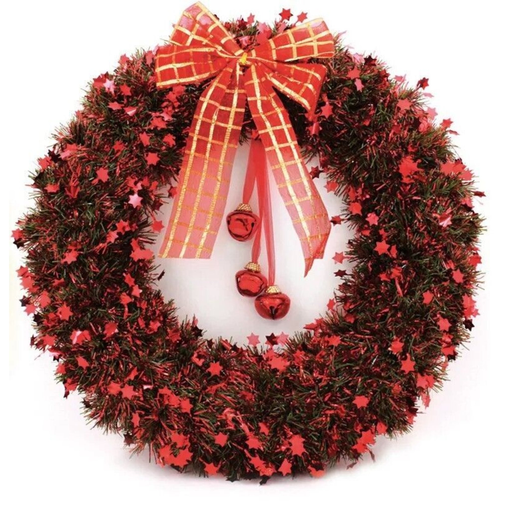 40cm Large Christmas Tinsel Wreath With Bell Wall Hanging Window Xmas Decoration