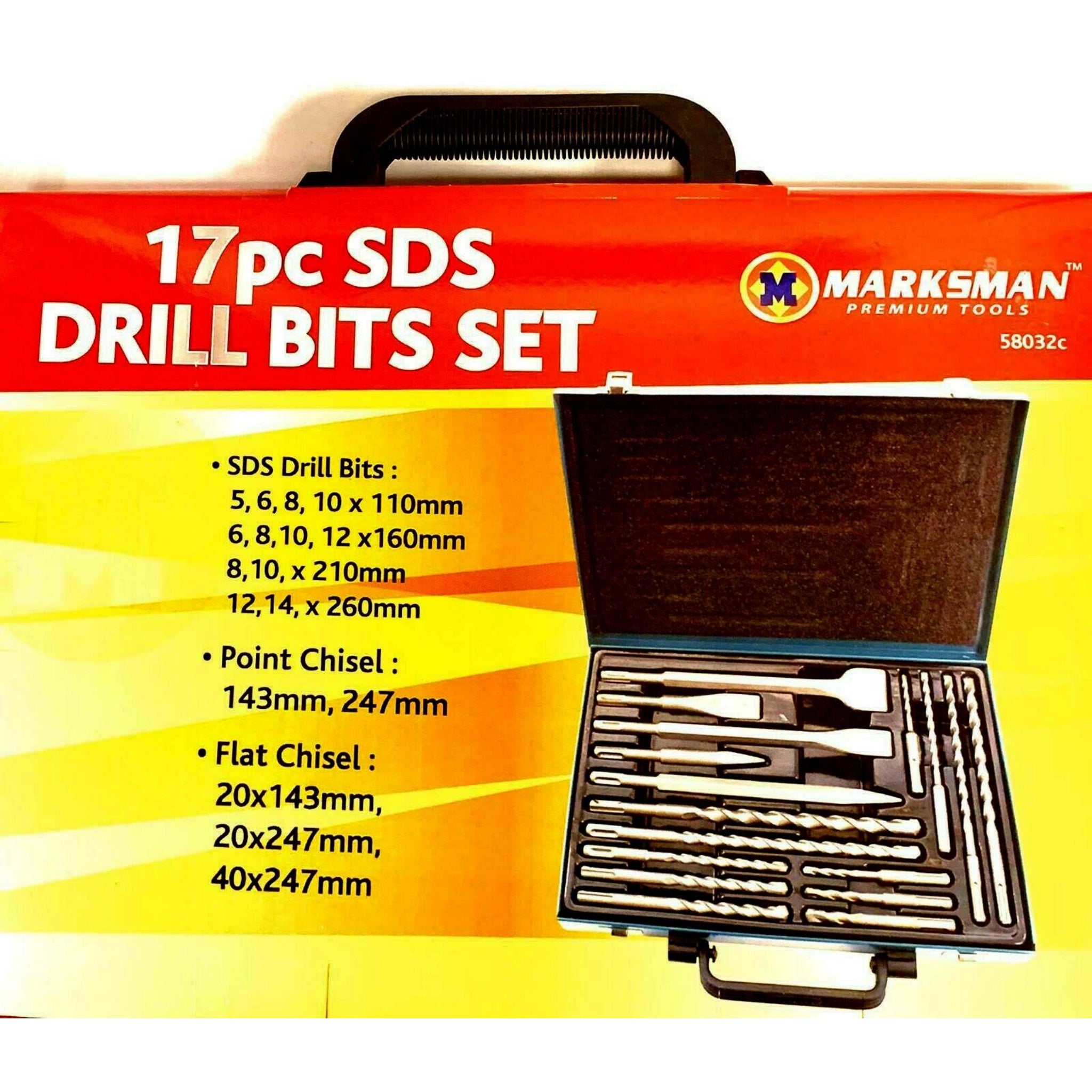Beclen Harp 17pc SDS Drill Bits Set With Point And Flat Chisel In Metal Along With Storage Case-Perfect DIY Tool Kit Masonry
