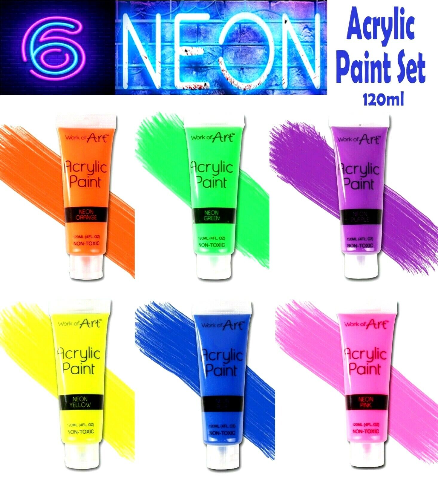 Beclen Harp New Acrylic Paints 6 Paint Tube Art Bright Colours Crafts Painting Painter 120ml
