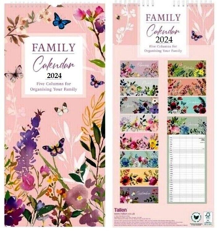 Beclen Harp 2024 Month To View/MTV Family Organiser 5 Columns Floral And Home Decor Long Wall Calendar Planner