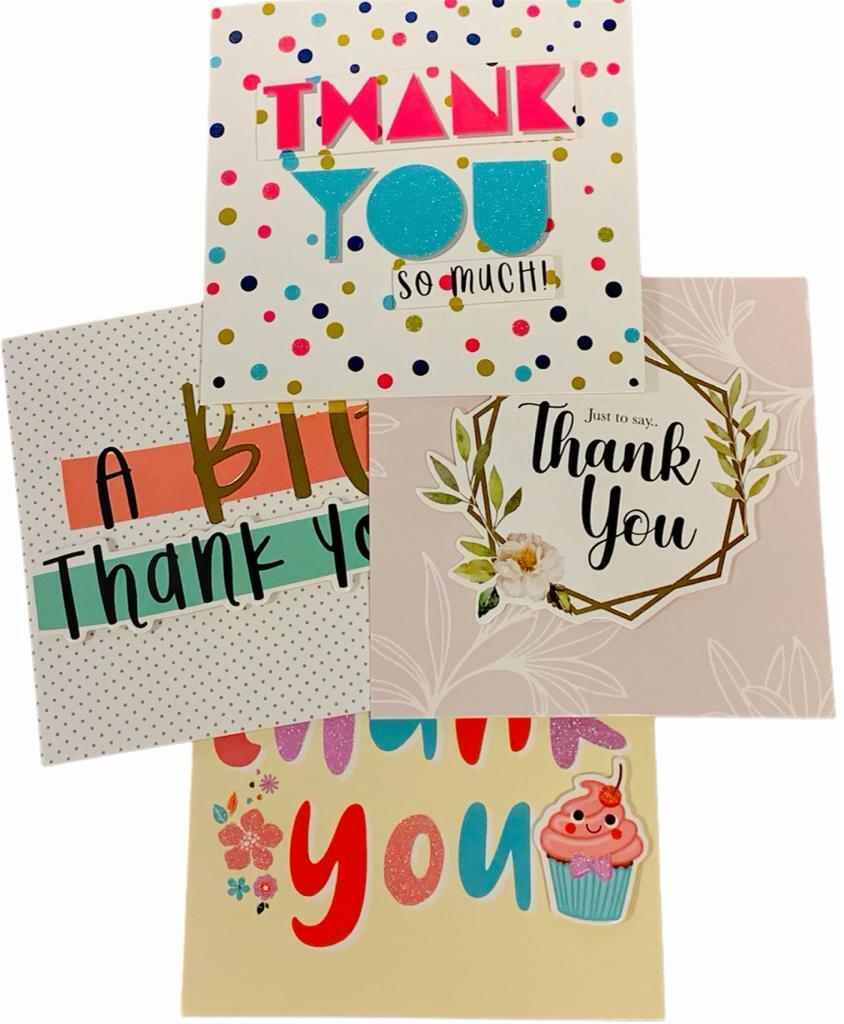 Beclen Harp Pack of 4 Mixed Assorted Beautiful Hand Made THANK YOU Pop Up Card, 4 Designs