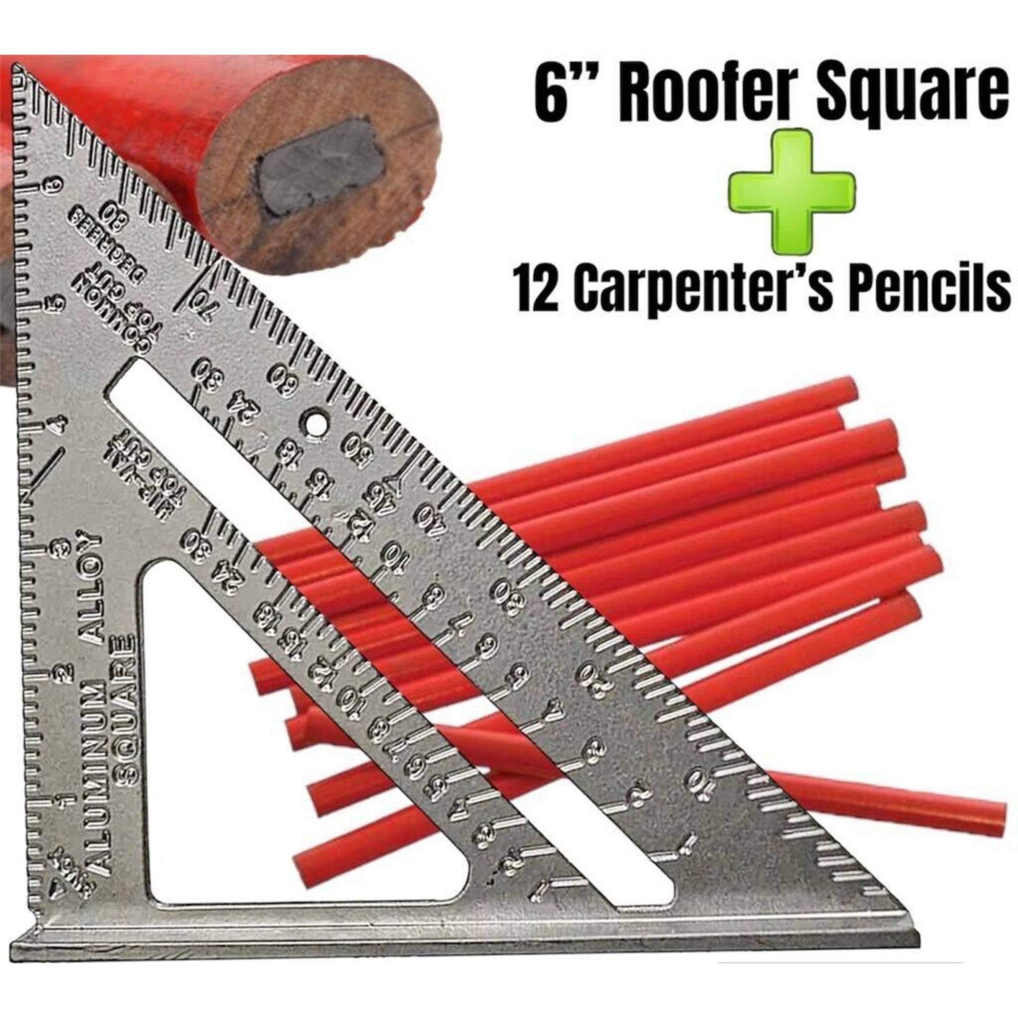 Beclen Harp 6'' New Aluminum Speed Square Roofing Rafter Triangle Angle Guide Carpenters Wood Working Alloy Tool+12 Carpenters Pencils