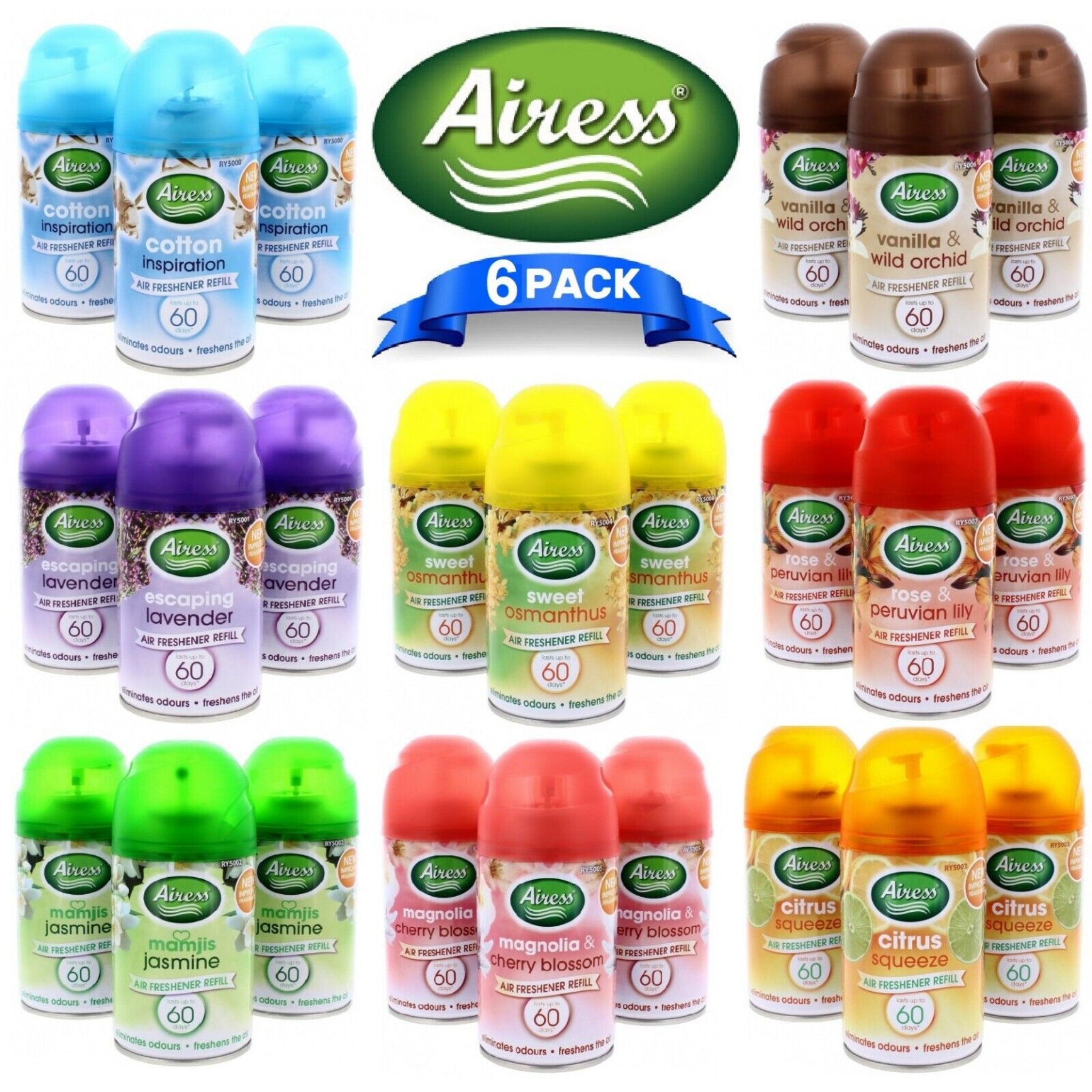 Beclen Harp 3/6 Pack Airess 250ML Automatic Spray Refills Air Freshner/Select Scents