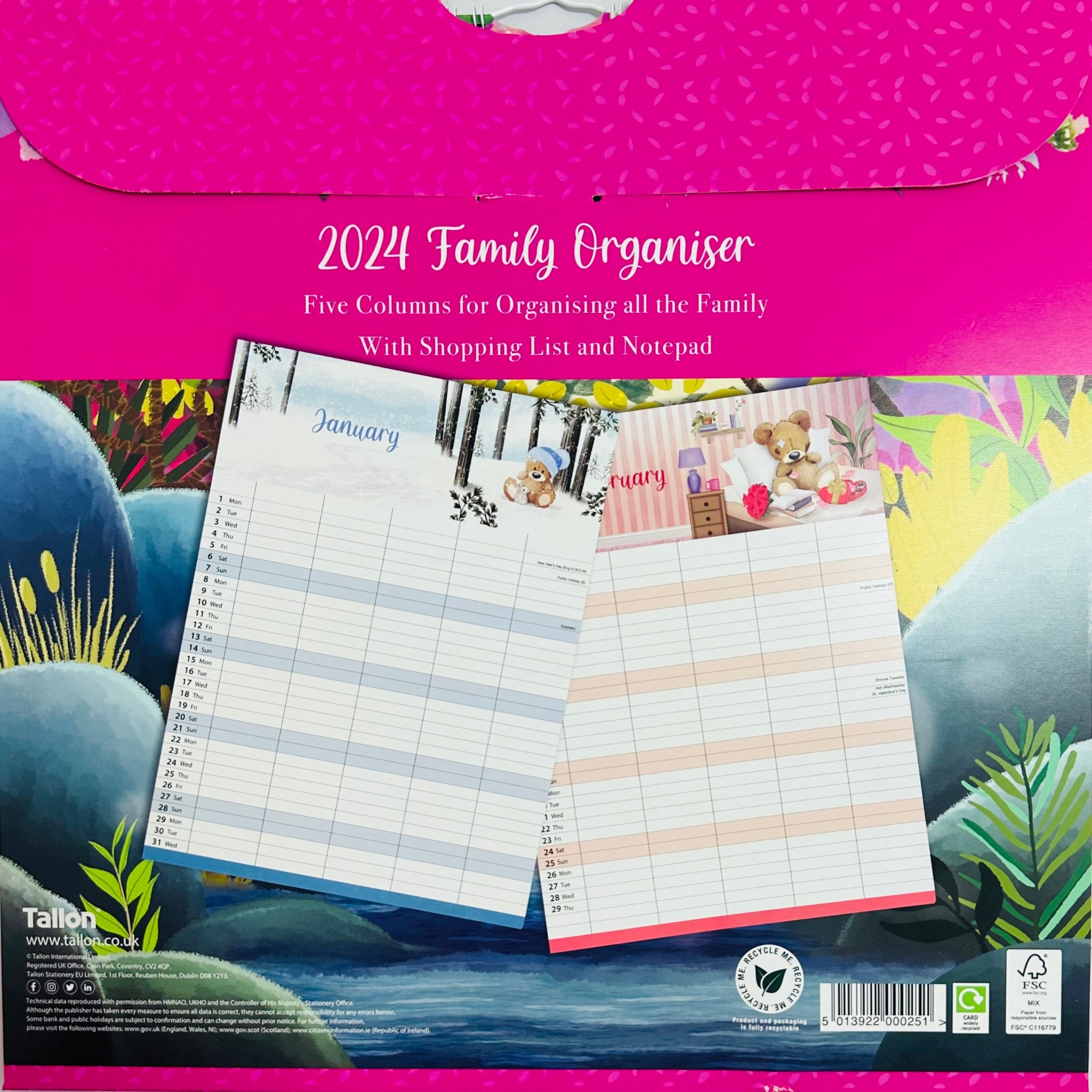 Beclen Harp 2024 Family Organiser Planner/ 5 Columns For Organising All The Family With Shopping List Notepad Teddies, Big Bear