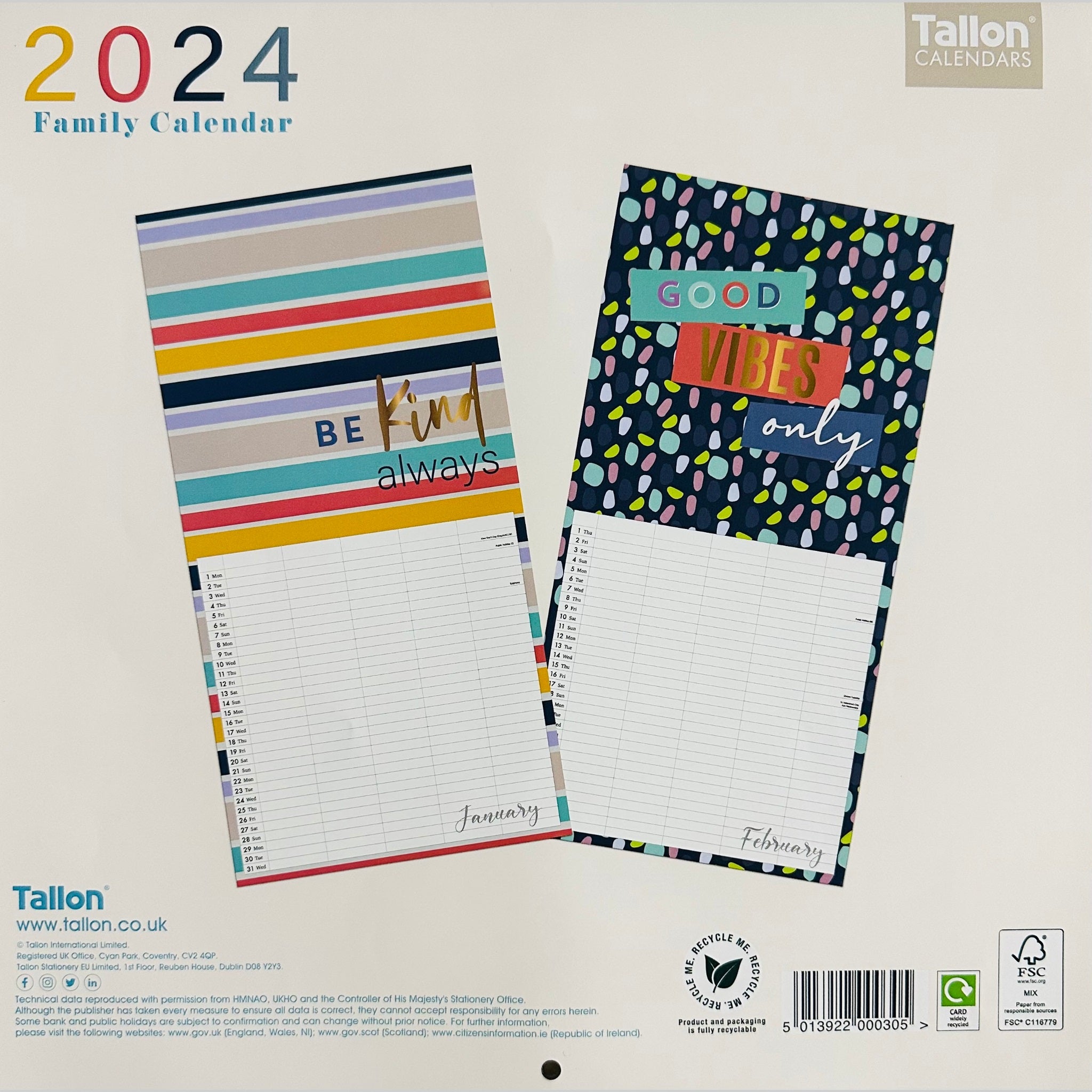 Large 2024 Family Planner 5 Columns Week to View Calendar with