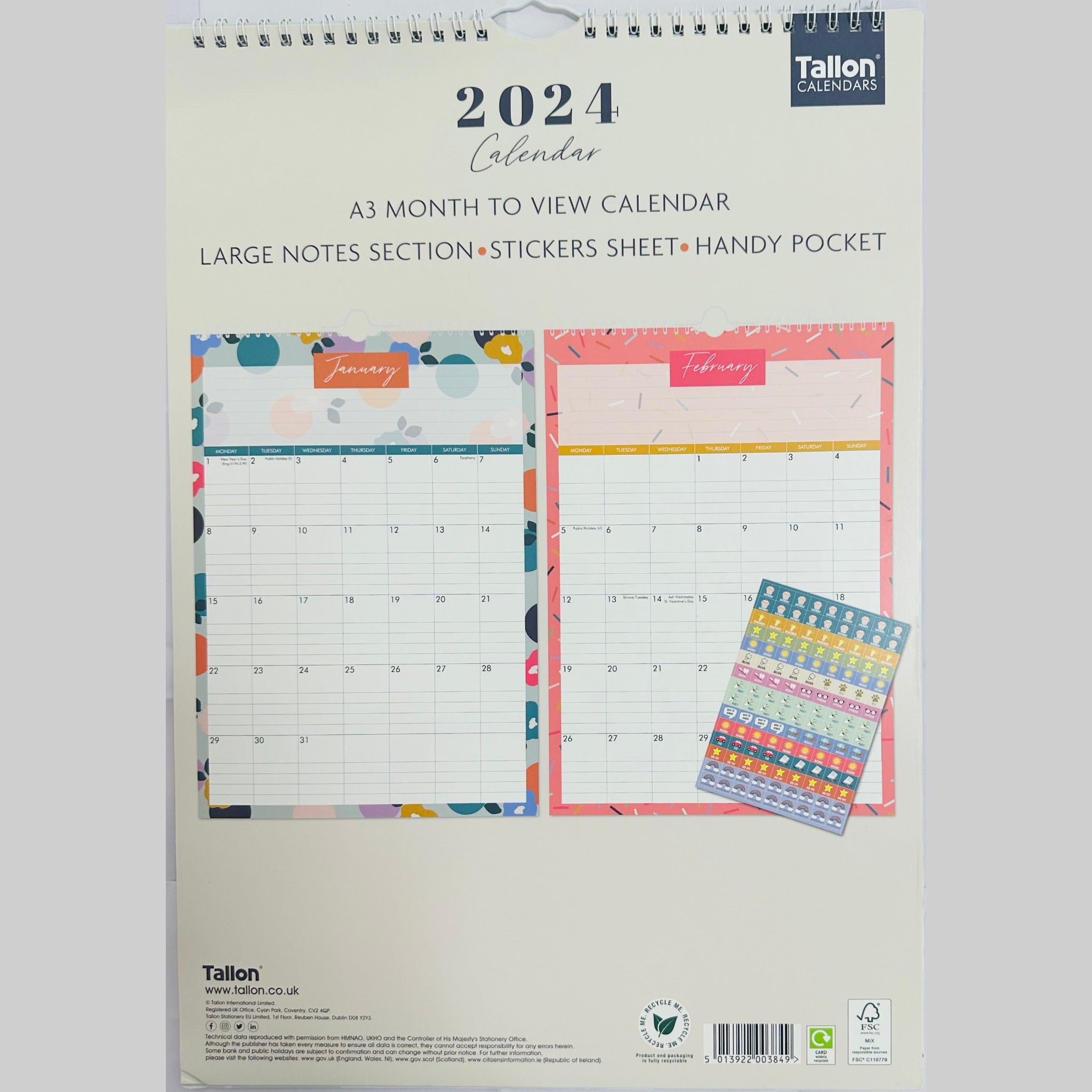 Beclen Harp 2024 MTV/ A3 Large Notes Section Family Home Organiser Planner Calendar Month To View Stickers Sheet & Handy Pocket/ Long Wall Planner Stripes, Flowers