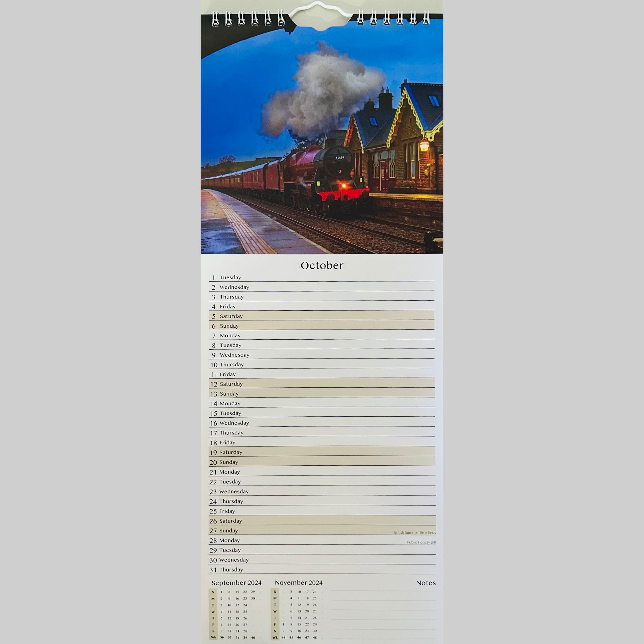 Beclen Harp Super Slim Month to View Spiral Bound Hanging Wall Calendar Home Office 2024 Steam Trains, Tractors, Aviation, Vintage Transport