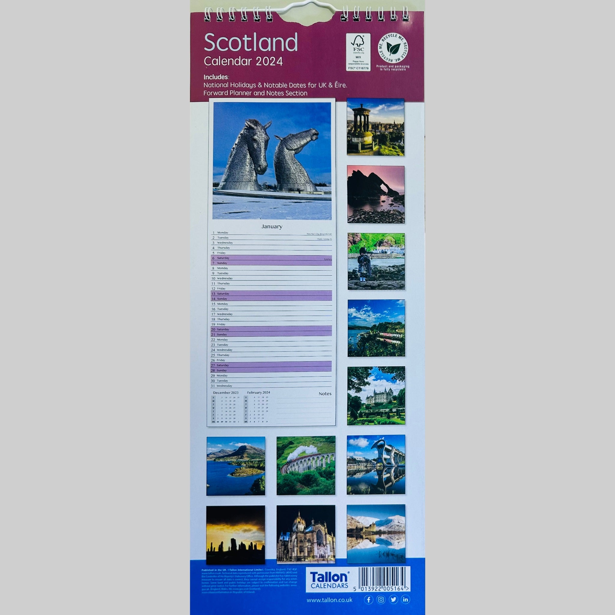 Beclen Harp Super Slim Month to View Spiral Bound Hanging Wall Calendar Home Office 2024 Scotland Red and Blue