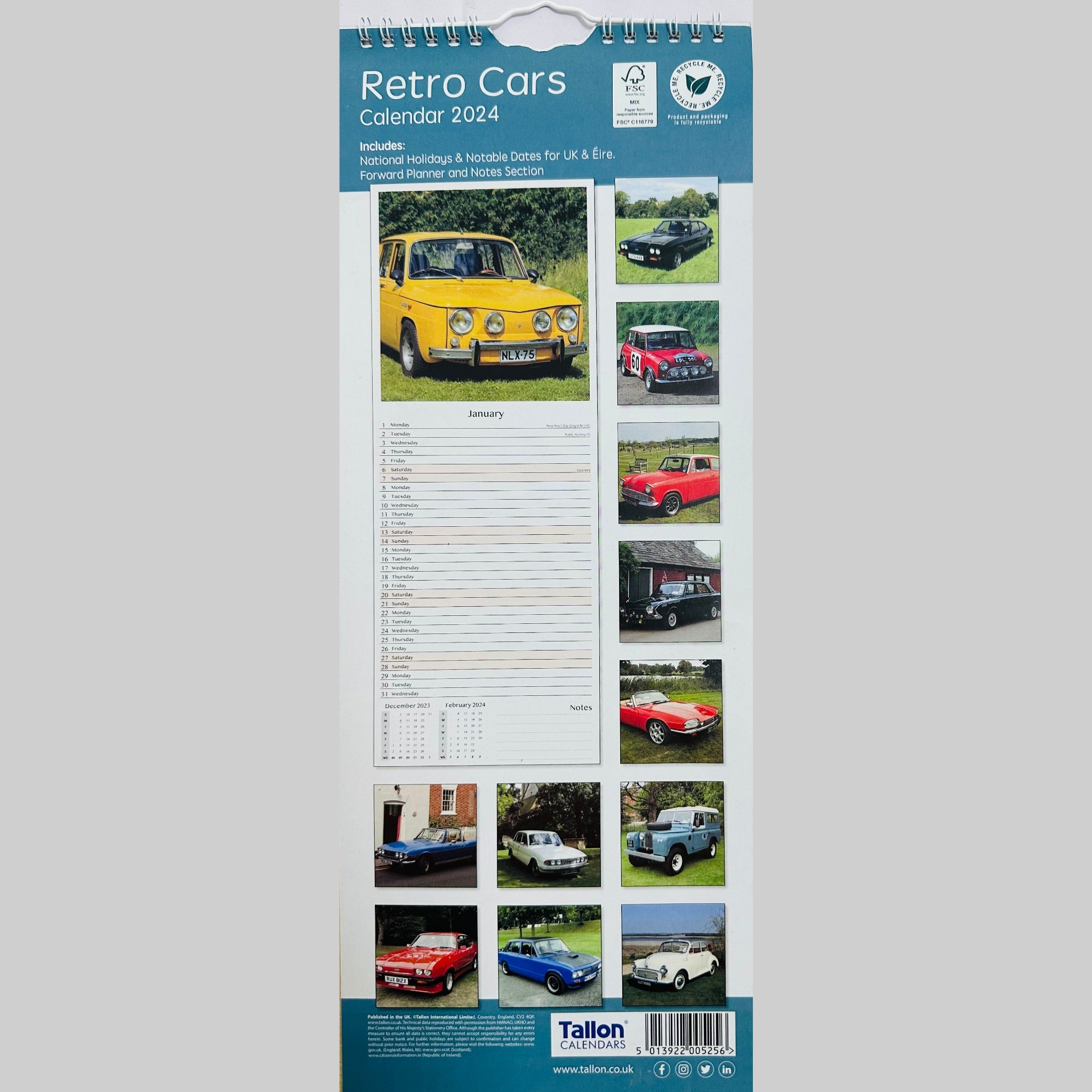 Beclen Harp Super Slim Month to View Spiral Bound Hanging Wall Calendar Home Office 2024 Retro Cars Classic Cars