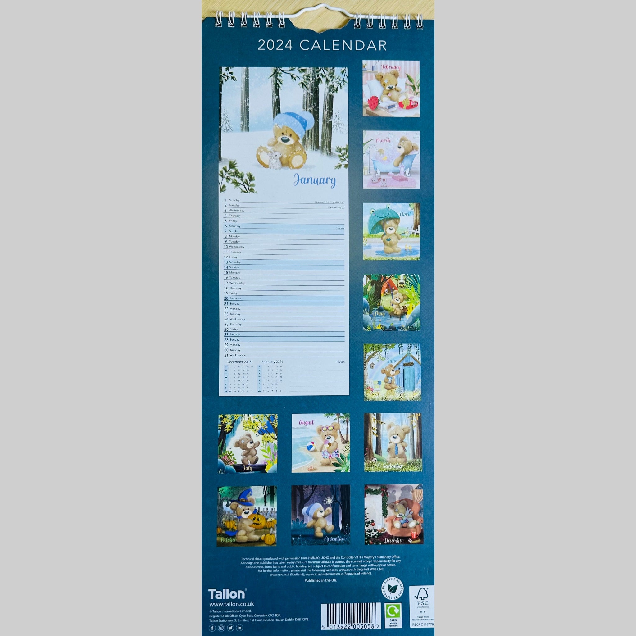 Beclen Harp Super Slim Month to View Spiral Bound Hanging Wall Calendar Home Office 2024 Enjoy The Little Things, You've Got This, Teddies, Jungle Vibes