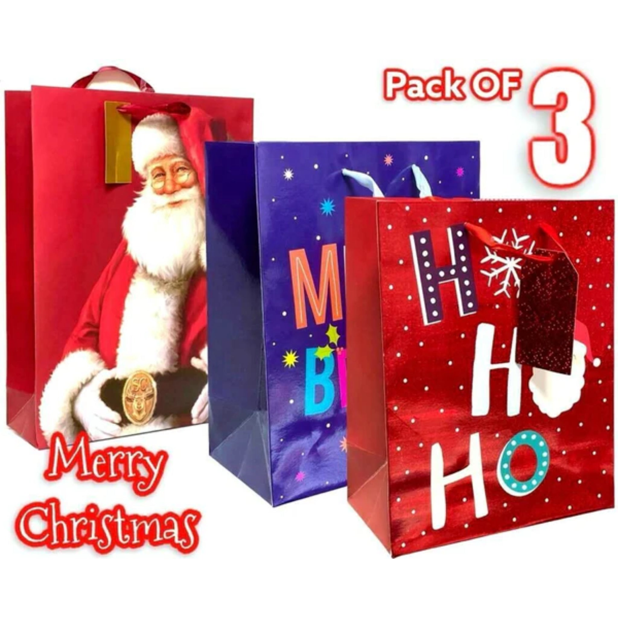 Beclen Harp 3pc Large/X Large/Small Luxury Christmas/Xmas Santa/HoHoHo/Merry&Bright Print Bags With Ribbon And Tag