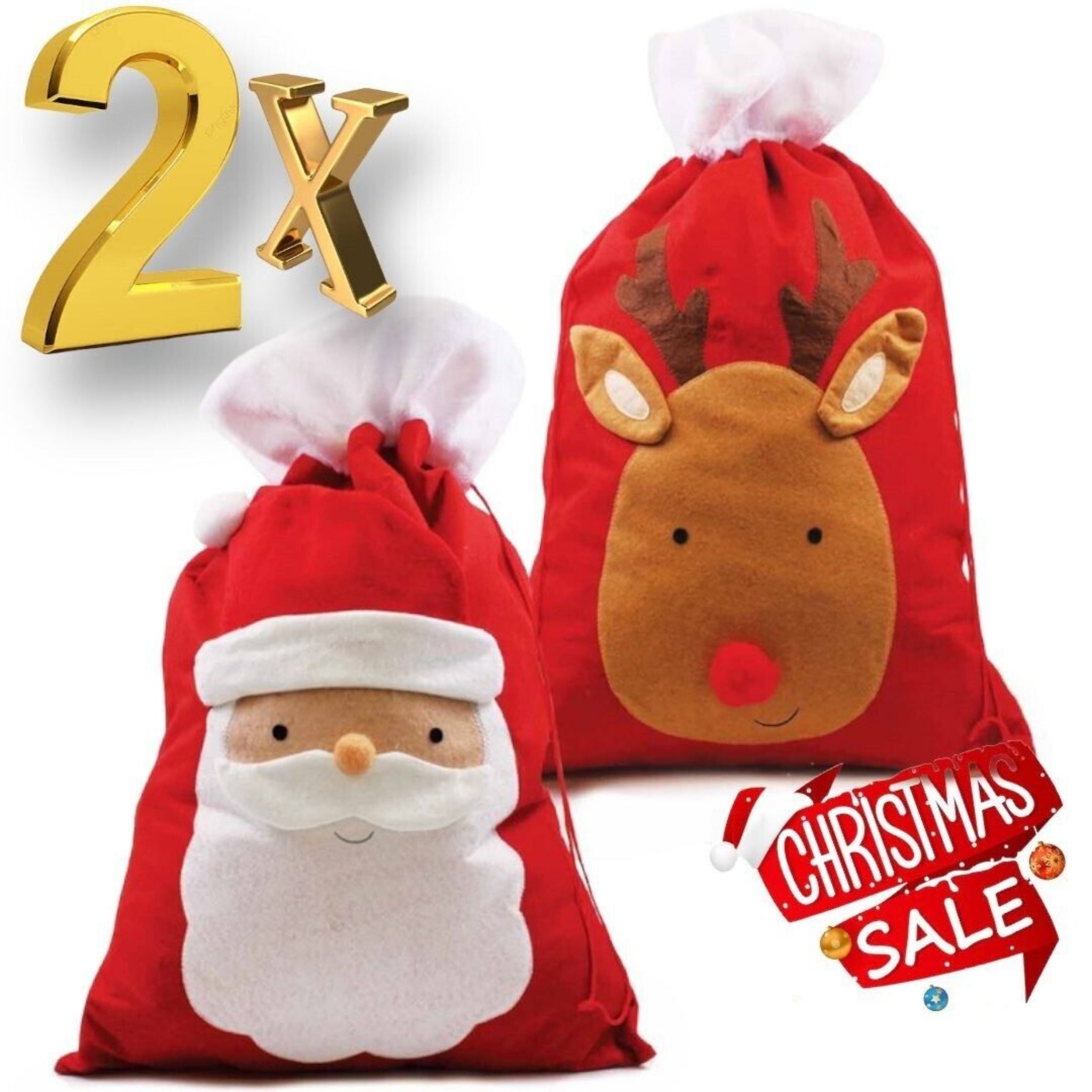 Beclen Harp 2pc Large Luxury Traditional Christmas/Xmas Plush Santa And Reindeer Drawstring Present/Gift Sack Fillers/Bags