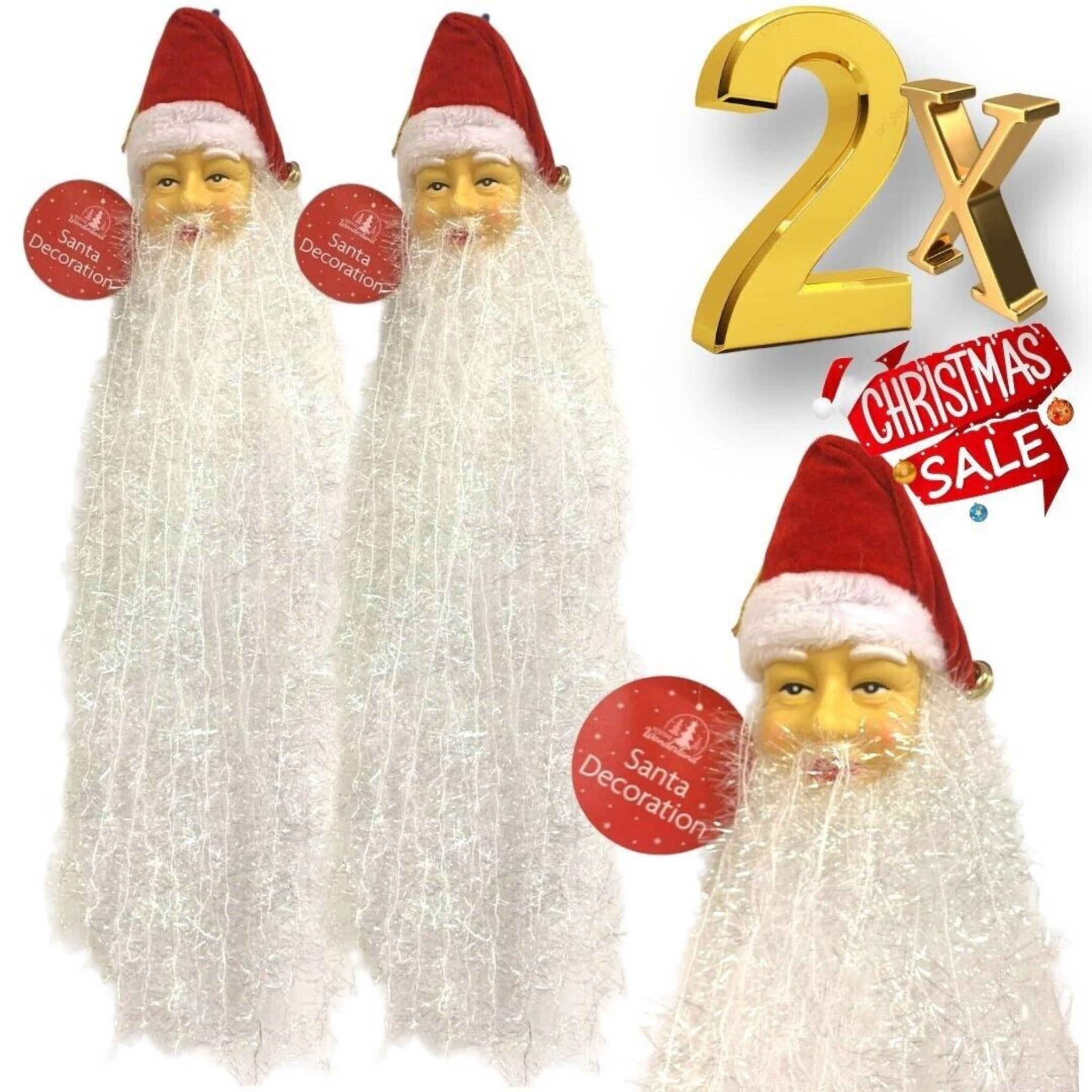 Beclen Harp 2pc Luxury Christmas/Xmas Tinsel Santa Head With Long Beard Door/Wall/Tree Hanging Party Decoration Ornament