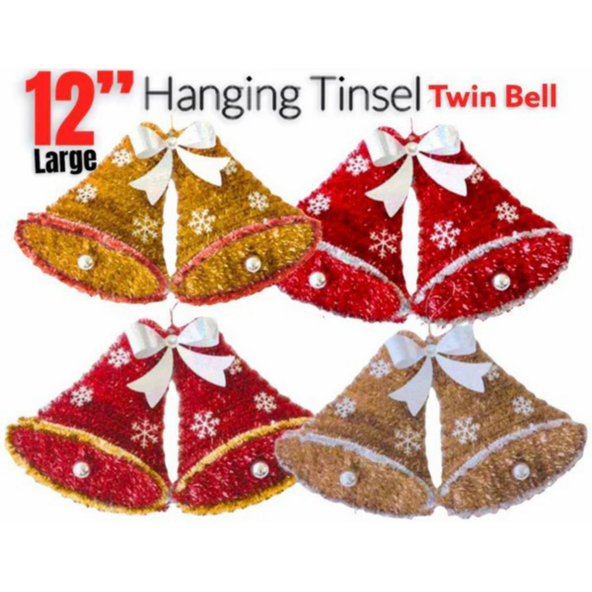 Beclen Harp 12" Large Luxury Christmas/Xmas Twin Hanging Bells With Assorted Colors And Tinsel Decoration For Party Decor