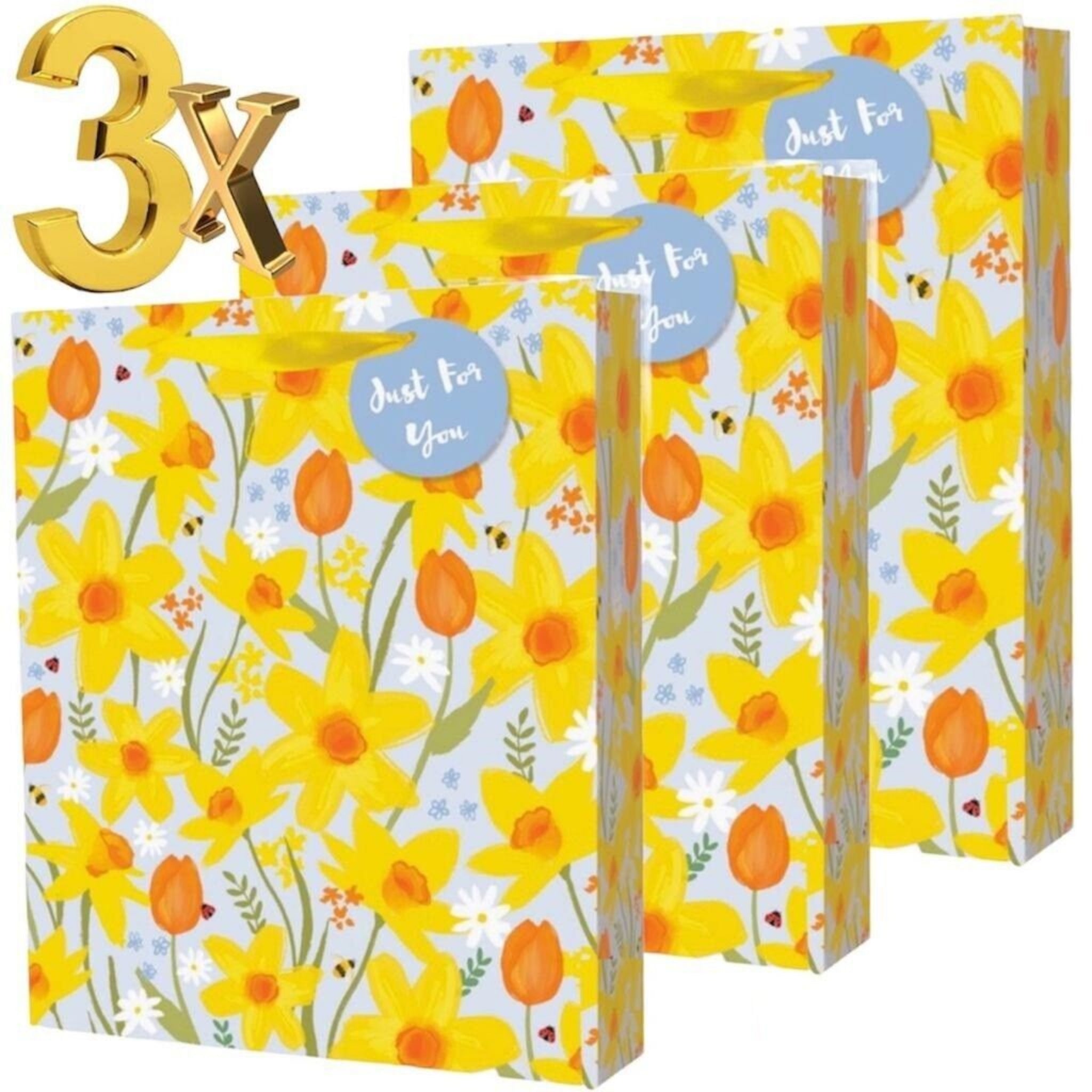 Beclen Harp 3x L/M Size Luxury Easter Traditional Daisy Flowers/Floral Print Present/Gift Bags With ''Just For You'' Tags
