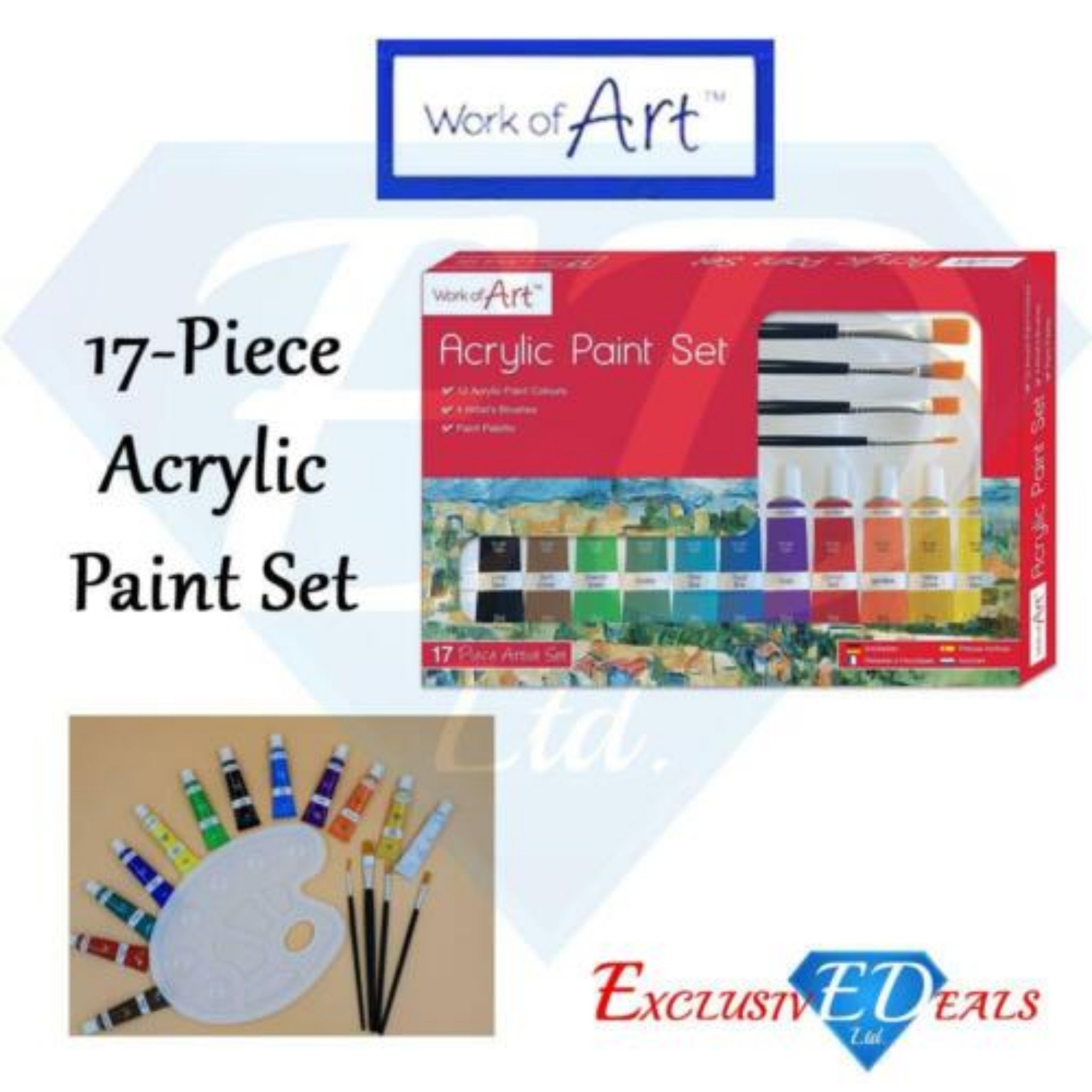 Beclen Harp Artists Acrylic Paint Set 17Pc Brushes Palette Assorted Colour Paints Work Of Art  included 12 Tubes, 4 Brushes and Palette