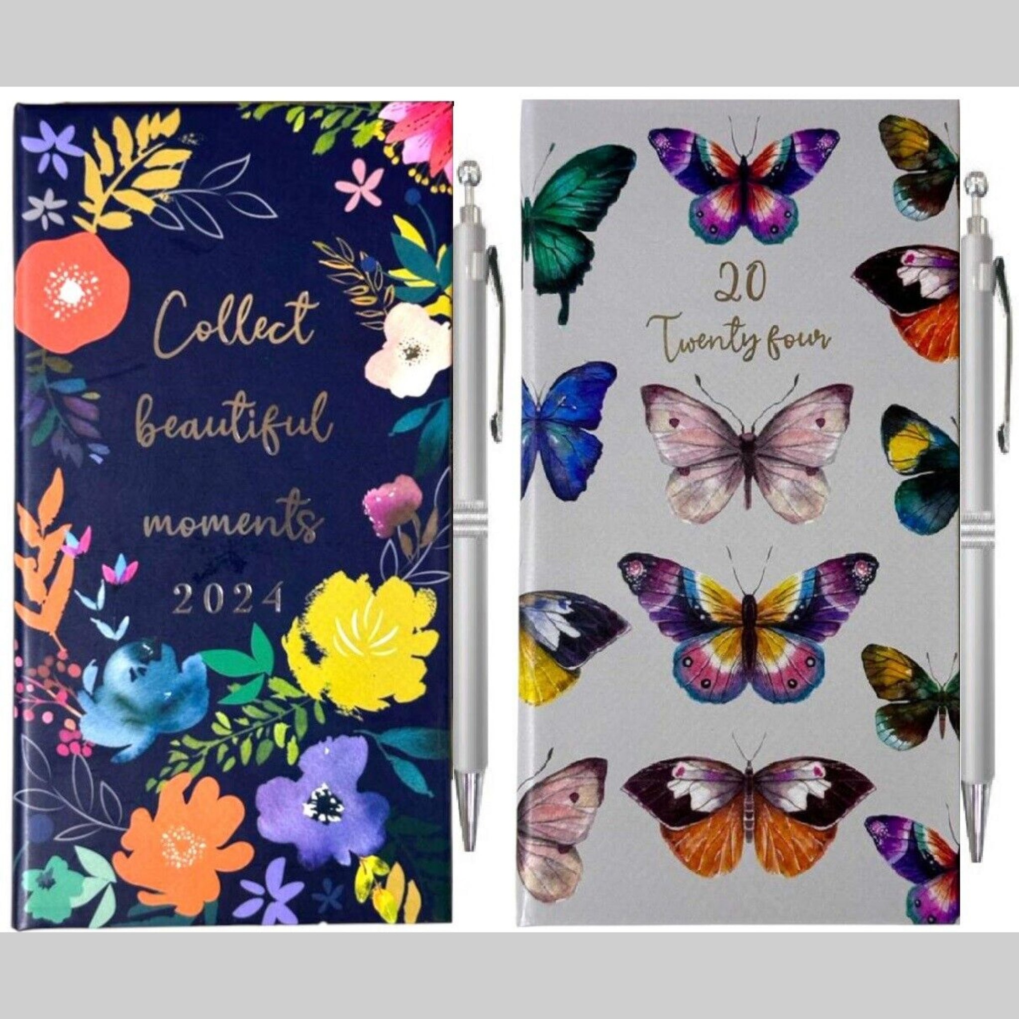 Beclen Harp 2024 Slim Week To View/WTV Personal Diary Vintage Floral And Butterflies Print Cover With Pen Gift Set