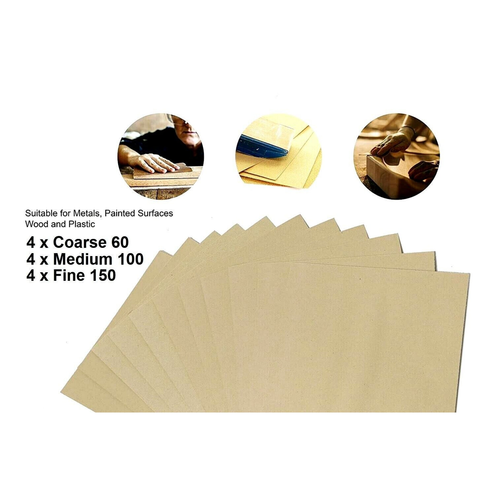 Beclen Harp 12Pcs ASSORTED SANDPAPER SANDING SHEETS FOR WOOD PLASTIC MIXED GRADES SAND