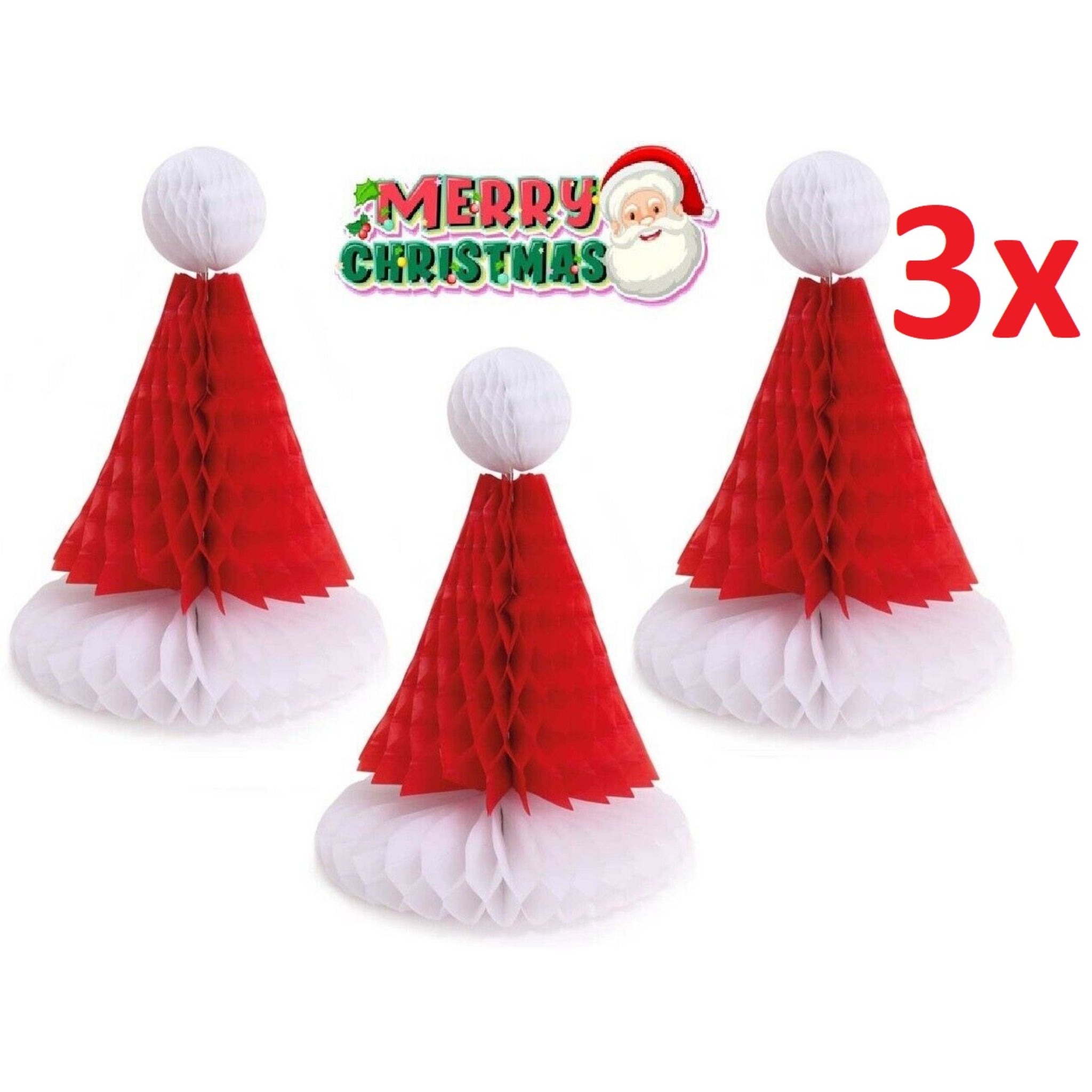 Beclen Harp 3x Honeycomb Santa Hat Party Xmas Decoration Tablescape Window Sill Red & White