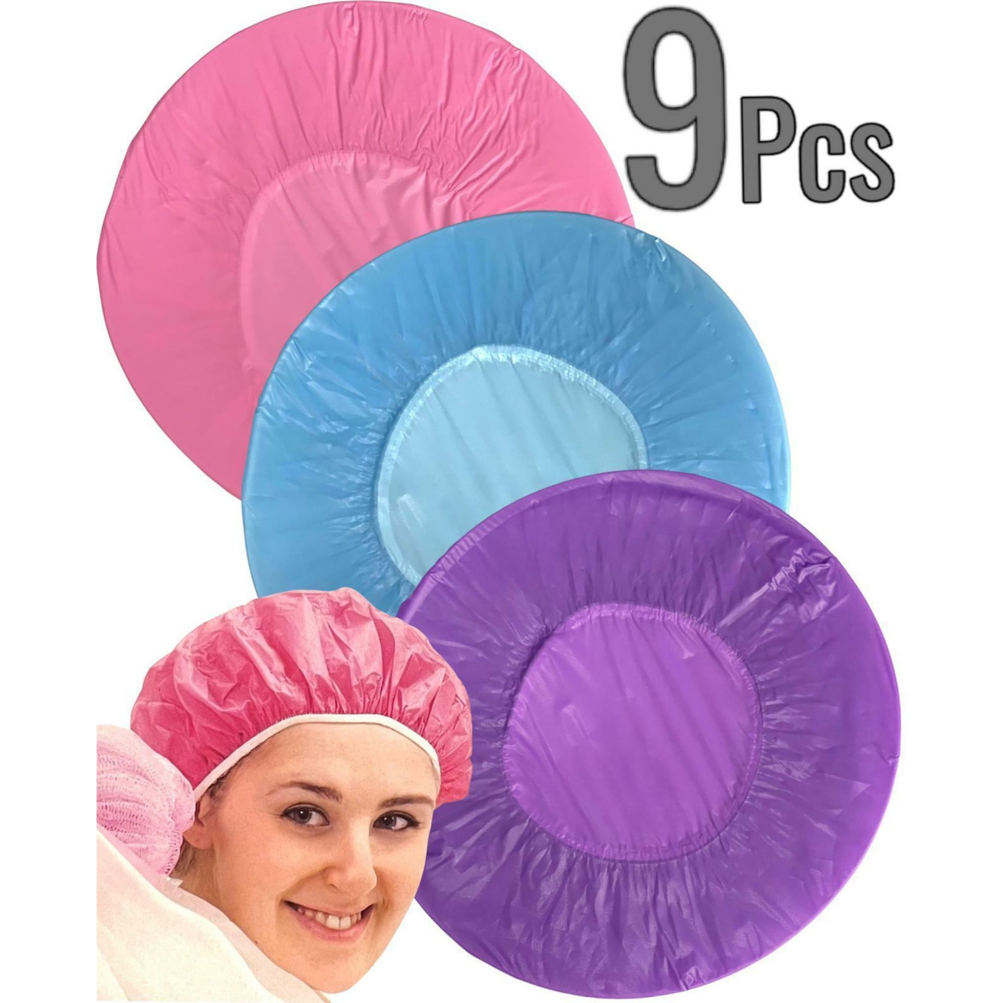 Beclen Harp 9 Pcs Elastic Waterproof Shower Cap Hat Bath Head Hair Cover Salon Shower Cap