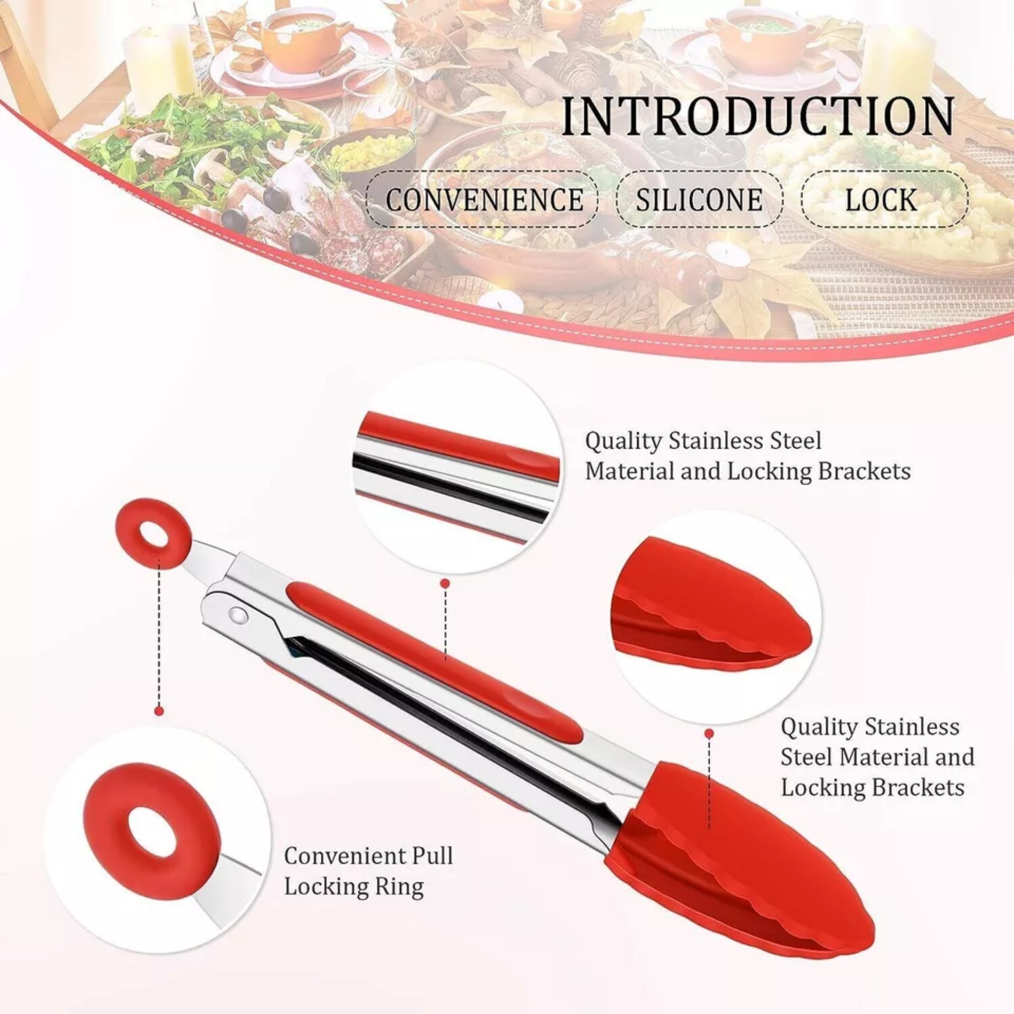 Beclen Harp 3pc Silicone Kitchen Cooking Salad Serving BBQ Tong Stainless Steel Utensil Set