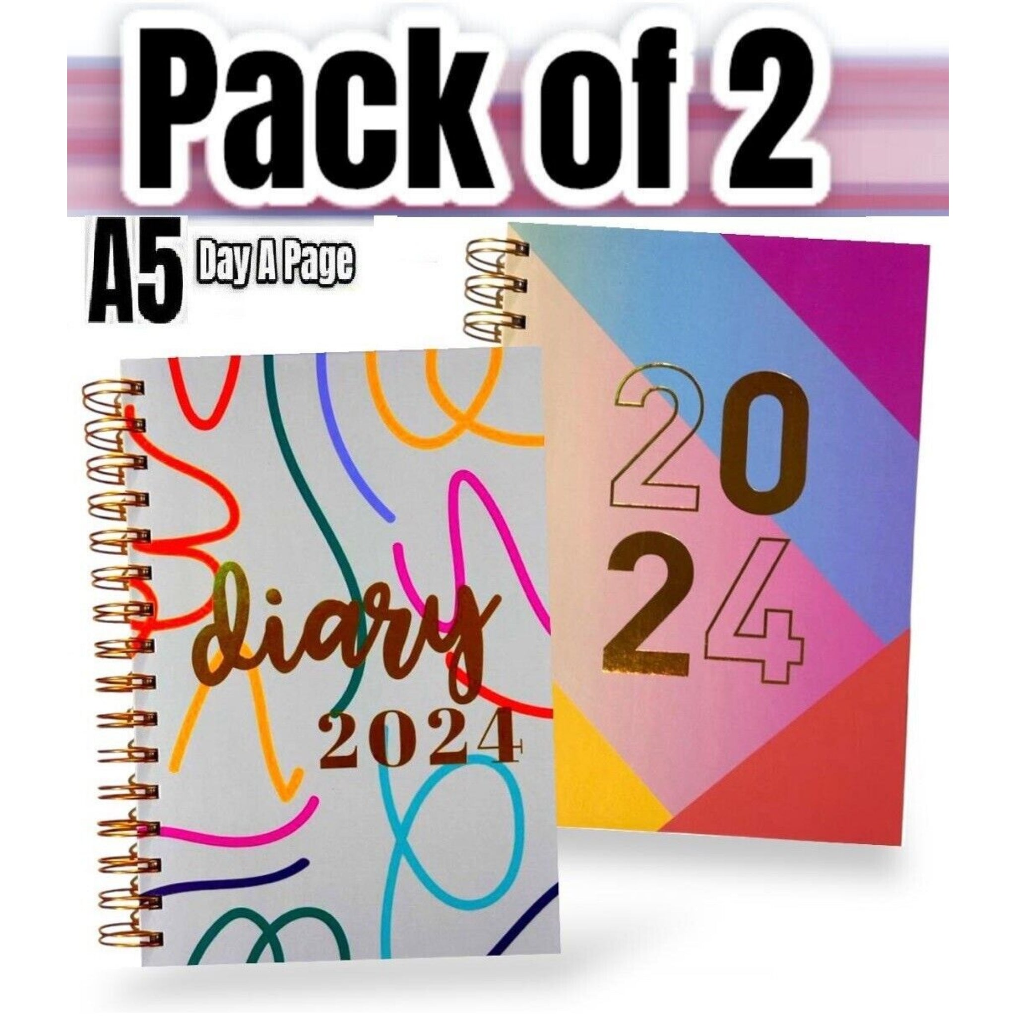 Beclen Harp 2024 A5 DAY A PAGE Diary Hardback Case Bound Back Cover Office School - 2 Pack