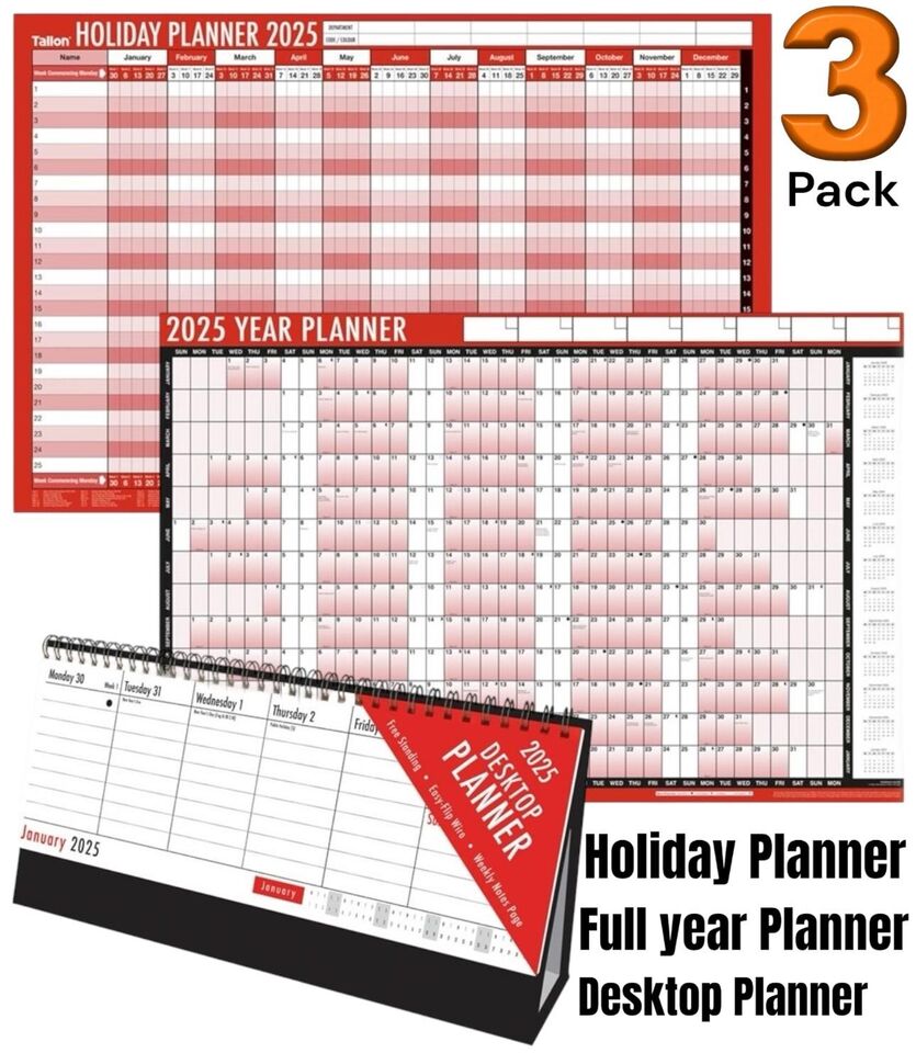 3x 2025 Wall Calendar Large Weekly Desktop Planner, Full Year Holiday Organiser office Home desk calendar