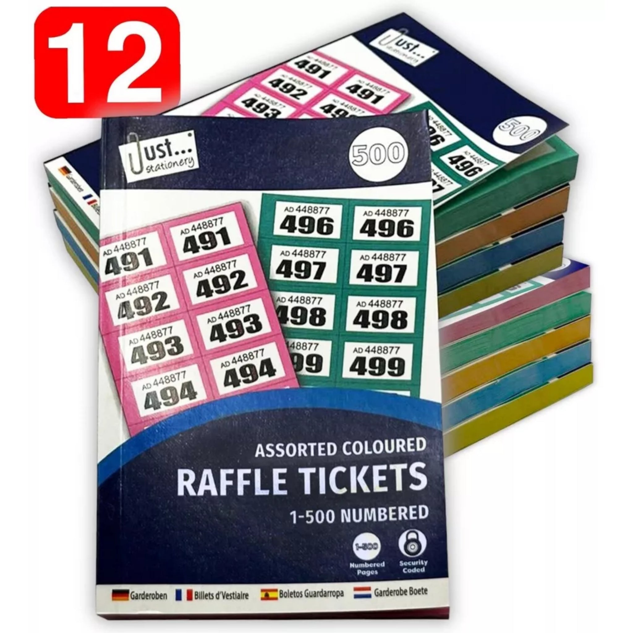 Beclen Harp 12 x Books of 1-500 Cloakroom Raffle Tombola New Draw Tickets Numbered Mixed colours