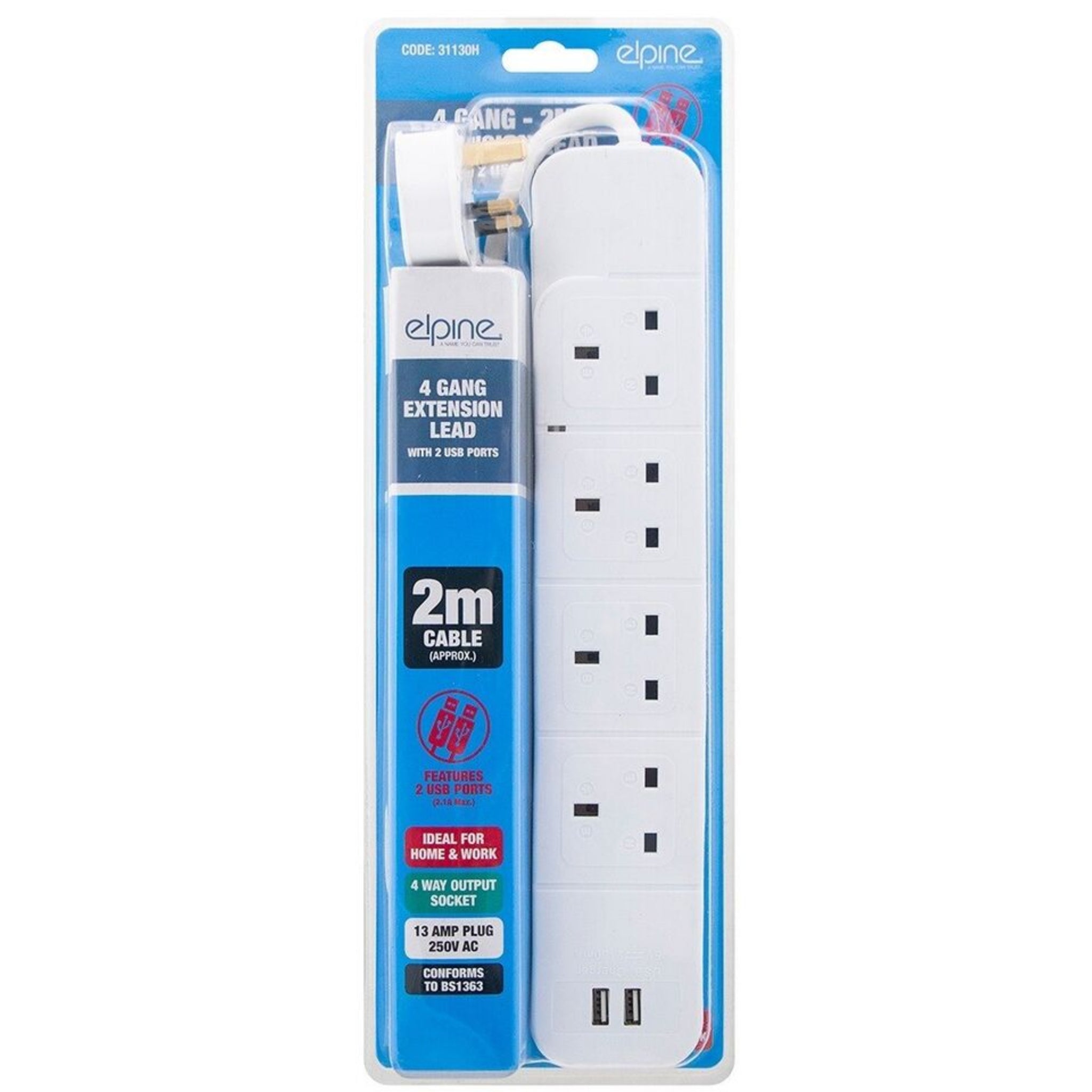 Beclen Harp Extension Lead with 2 USB Cable Electric Plug Socket UK Mains Power 4 Gang Way