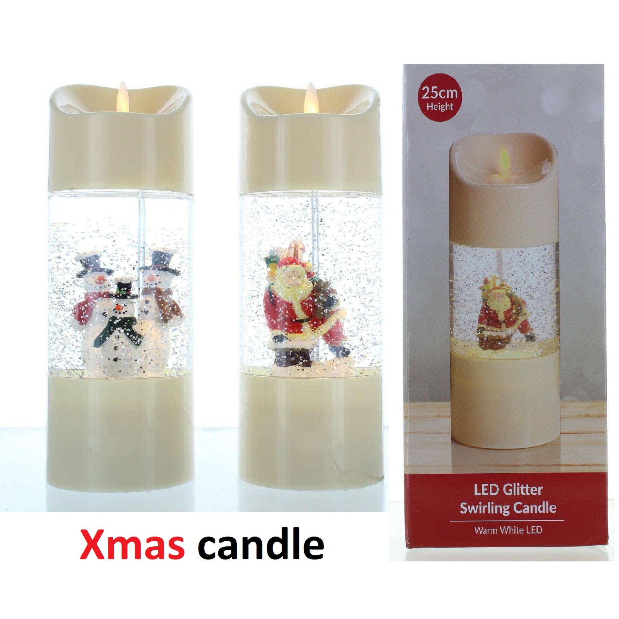 Beclen Harp Christmas LED Warm White Swirling Glitter Candles Santa / Snowman Mains/Battery