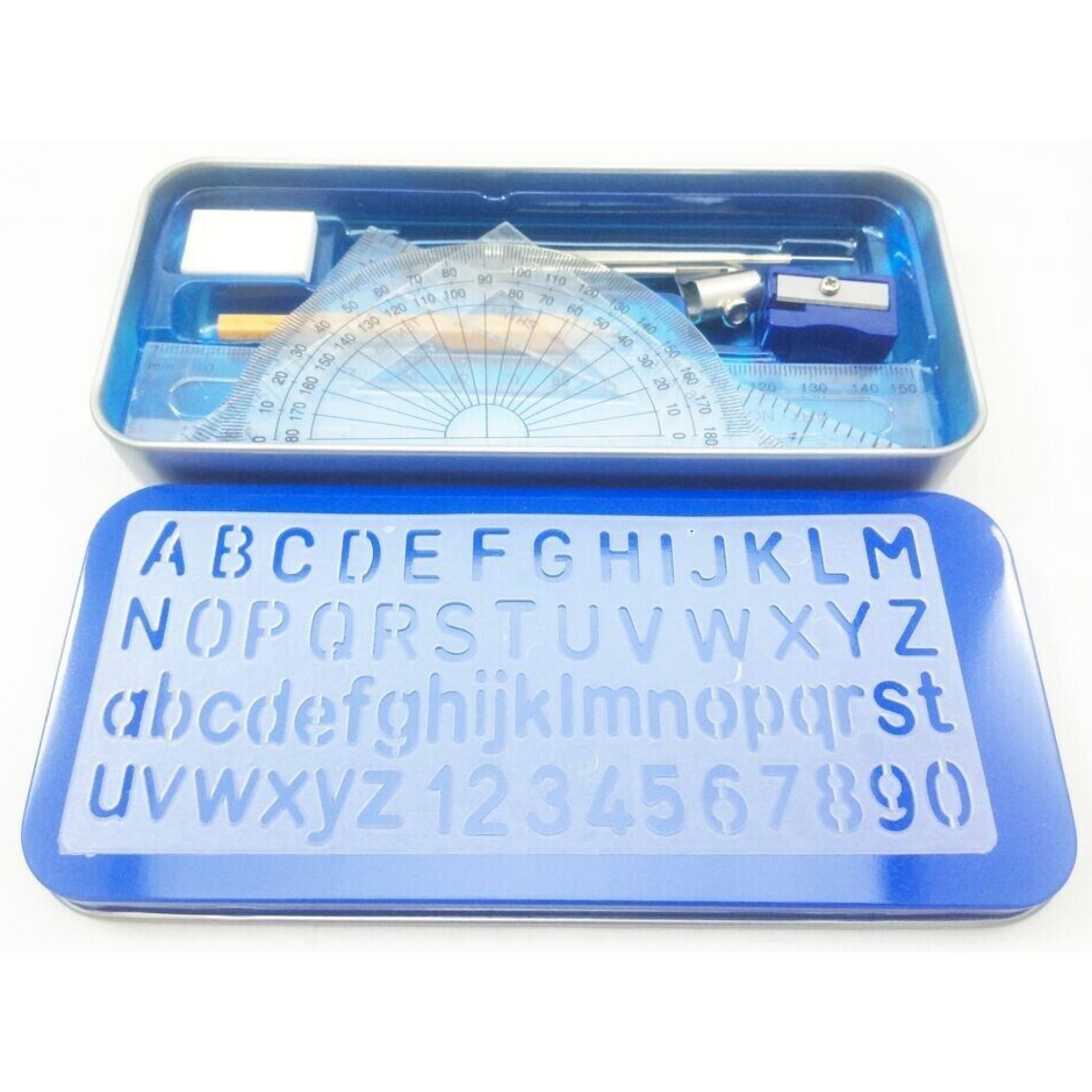 Beclen Harp 10 Piece Maths Set Geometry Compass Ruler Protector School College in Tin Case