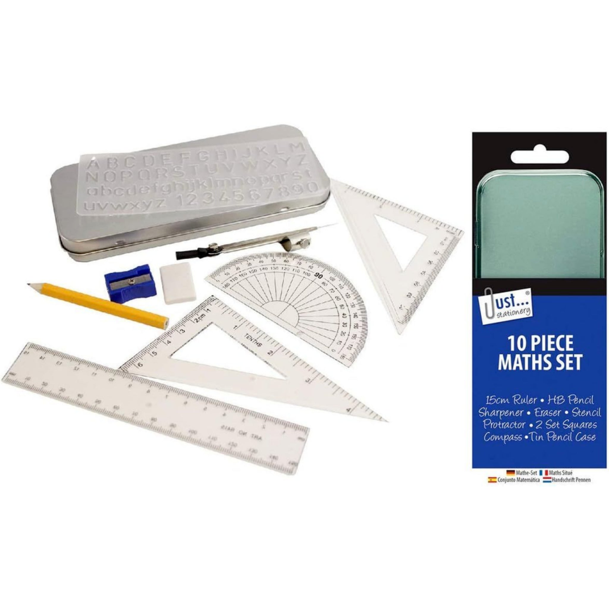 Beclen Harp 10 Piece Maths Set Geometry Compass Ruler Protector School College in Tin Case