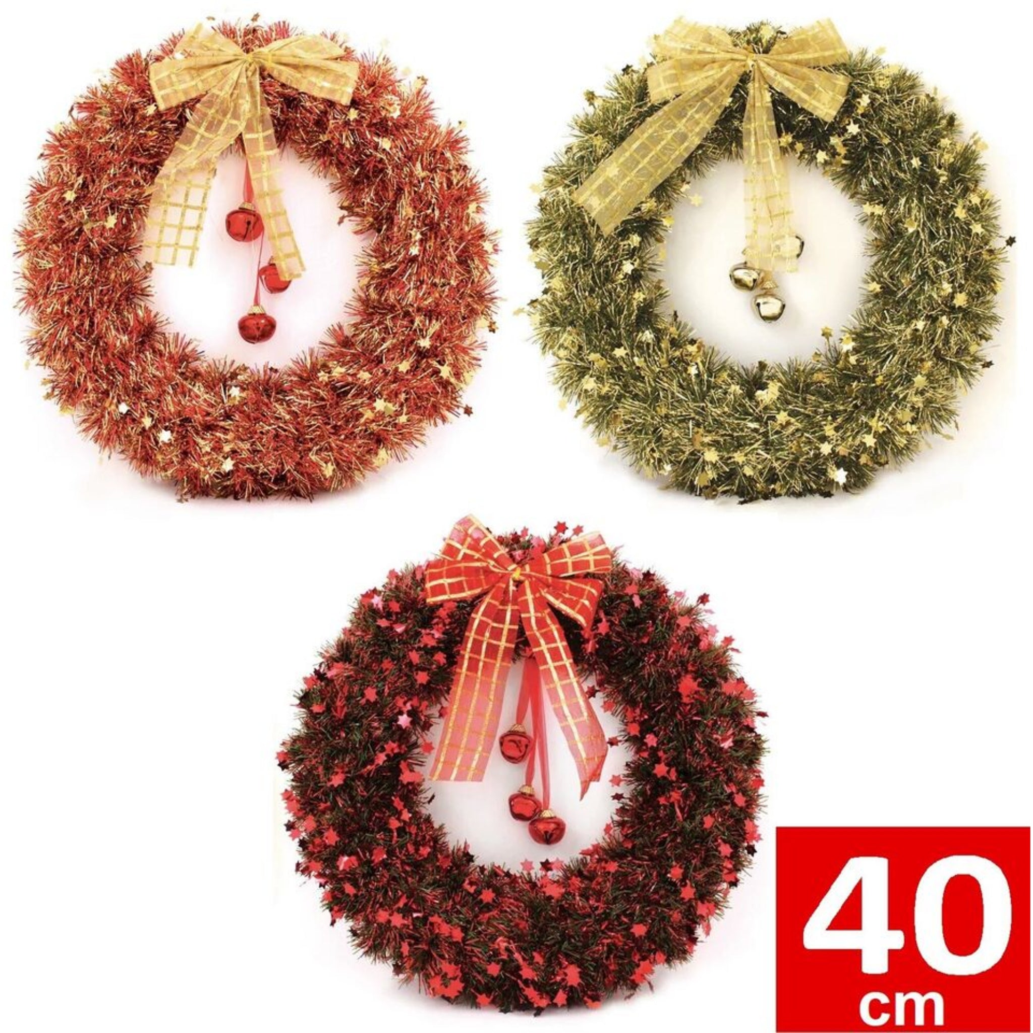 40cm Large Christmas Tinsel Wreath With Bell Wall Hanging Window Xmas Decoration