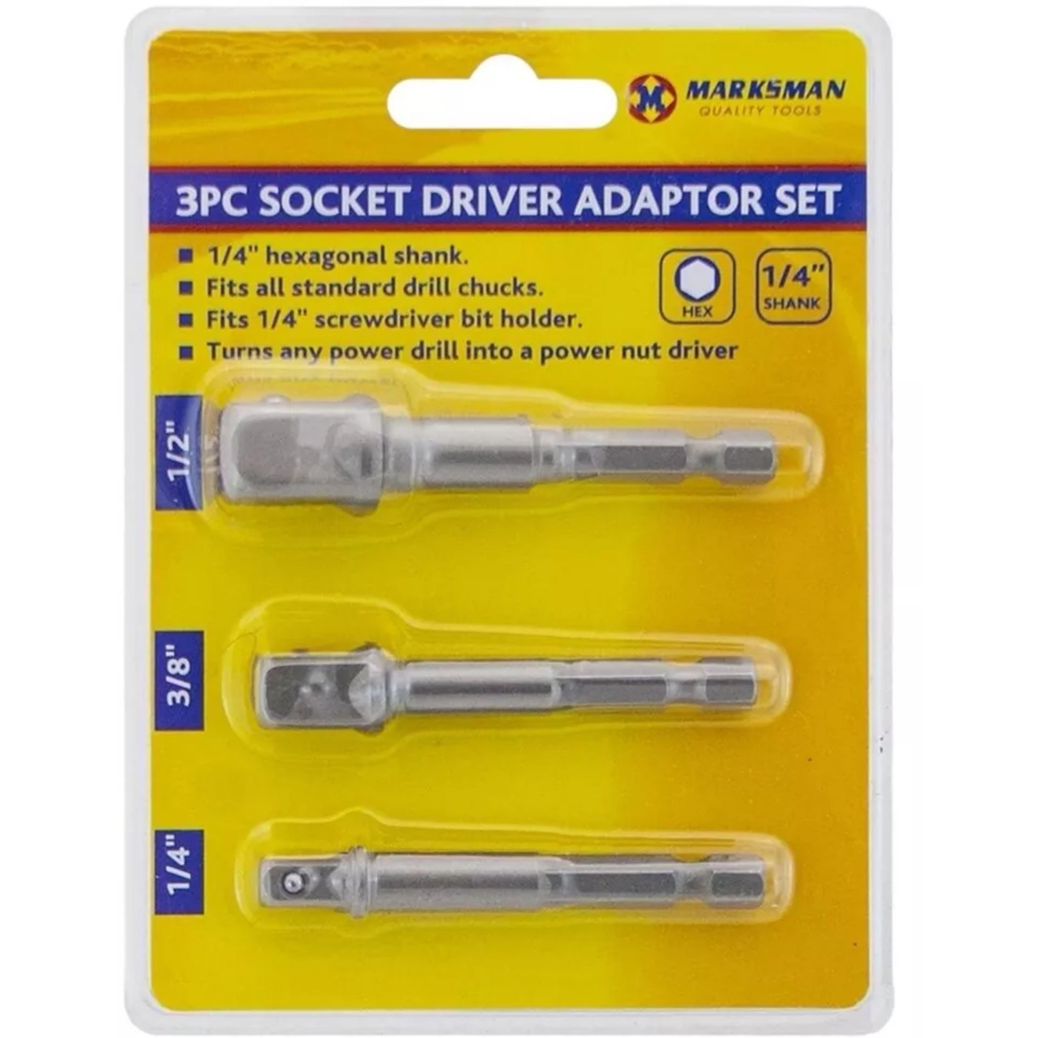 Beclen Harp 3Pcs Socket Adapter Set 3pc 1/4" 3/8" 1/2" Impact Drill Bits Driver Adapter
