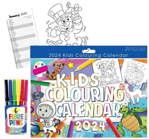 Beclen Harp 2024 KIDS COLOURING A4 CALENDAR LARGE MONTH TO VIEW LIFESTYLE WITH 6 FIBRE PENS
