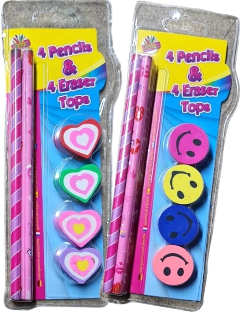 Beclen Harp 8x PENCIL & ERASER TOPPER CUTE SET School Party Fun Bag Stocking Filler Pencils