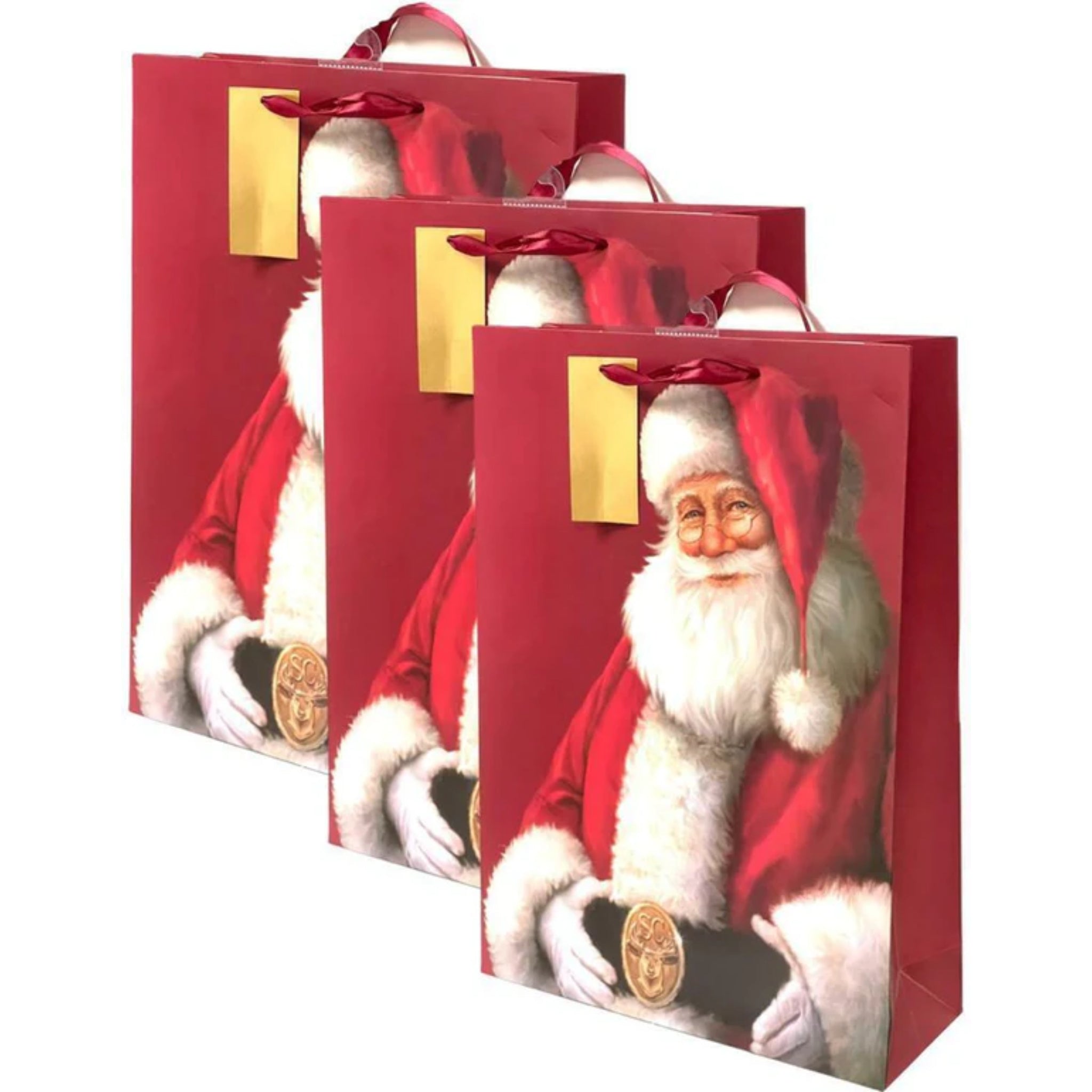 Beclen Harp 3x A5/XL Luxury Christmas/Xmas Traditional Santa Print Prsent/Gift Bags With Red Ribbon And Tag